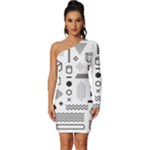 Pattern Hipster Abstract Form Geometric Line Variety Shapes Polkadots Fashion Style Seamless Long Sleeve One Shoulder Mini Dress