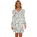 Pattern Hipster Abstract Form Geometric Line Variety Shapes Polkadots Fashion Style Seamless Long Sleeve Waist Tie Ruffle Velvet Dress