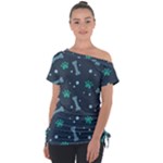 Bons Foot Prints Pattern Background Off Shoulder Tie-Up T-Shirt