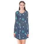 Bons Foot Prints Pattern Background Long Sleeve V-neck Flare Dress