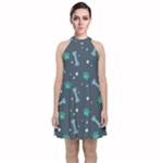 Bons Foot Prints Pattern Background Velvet Halter Neckline Dress 