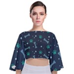 Bons Foot Prints Pattern Background Tie Back Butterfly Sleeve Chiffon Top