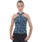 Bons Foot Prints Pattern Background Cross Neck Velour Top