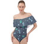 Bons Foot Prints Pattern Background Off Shoulder Velour Bodysuit 