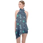 Bons Foot Prints Pattern Background Halter Asymmetric Satin Top
