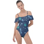 Bons Foot Prints Pattern Background Frill Detail One Piece Swimsuit