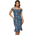 Bons Foot Prints Pattern Background Off Shoulder Ruffle Split Hem Bodycon Dress