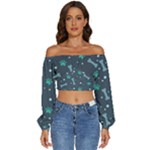 Bons Foot Prints Pattern Background Long Sleeve Crinkled Weave Crop Top
