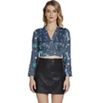 Bons Foot Prints Pattern Background Long Sleeve Tie Back Satin Wrap Top