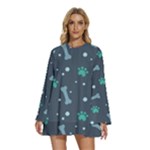 Bons Foot Prints Pattern Background Round Neck Long Sleeve Bohemian Style Chiffon Mini Dress