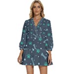 Bons Foot Prints Pattern Background V-Neck Placket Mini Dress