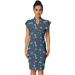Bons Foot Prints Pattern Background Vintage Frill Sleeve V-Neck Bodycon Dress