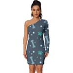 Bons Foot Prints Pattern Background Long Sleeve One Shoulder Mini Dress