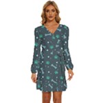 Bons Foot Prints Pattern Background Long Sleeve Waist Tie Ruffle Velvet Dress