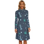 Bons Foot Prints Pattern Background Long Sleeve Shirt Collar A-Line Dress