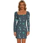 Bons Foot Prints Pattern Background Long Sleeve Square Neck Bodycon Velvet Dress