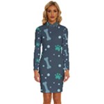 Bons Foot Prints Pattern Background Long Sleeve Shirt Collar Bodycon Dress