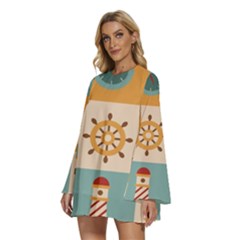 Round Neck Long Sleeve Bohemian Style Chiffon Mini Dress 