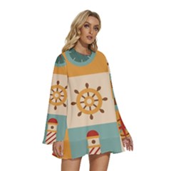 Round Neck Long Sleeve Bohemian Style Chiffon Mini Dress 