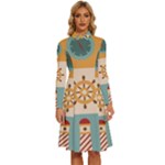 Nautical Elements Collection Long Sleeve Shirt Collar A-Line Dress