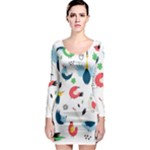 Vector Set Isolates With Cute Birds Scandinavian Style Long Sleeve Bodycon Dress