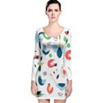 Vector Set Isolates With Cute Birds Scandinavian Style Long Sleeve Velvet Bodycon Dress
