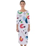 Vector Set Isolates With Cute Birds Scandinavian Style Quarter Sleeve Midi Bodycon Dress