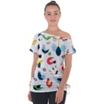 Vector Set Isolates With Cute Birds Scandinavian Style Off Shoulder Tie-Up T-Shirt