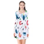 Vector Set Isolates With Cute Birds Scandinavian Style Long Sleeve V-neck Flare Dress