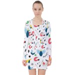 Vector Set Isolates With Cute Birds Scandinavian Style V-neck Bodycon Long Sleeve Dress