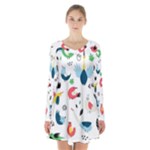 Vector Set Isolates With Cute Birds Scandinavian Style Long Sleeve Velvet V-neck Dress