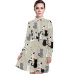 Cute Cat Seamless Pattern Long Sleeve Chiffon Shirt Dress