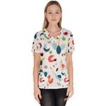 Vector Set Isolates With Cute Birds Scandinavian Style Women s V-Neck Scrub Top