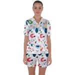 Vector Set Isolates With Cute Birds Scandinavian Style Satin Short Sleeve Pajamas Set