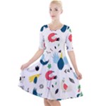 Vector Set Isolates With Cute Birds Scandinavian Style Quarter Sleeve A-Line Dress