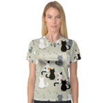Cute Cat Seamless Pattern V-Neck Sport Mesh T-Shirt