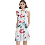 Vector Set Isolates With Cute Birds Scandinavian Style Cocktail Party Halter Sleeveless Dress With Pockets