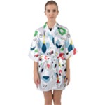 Vector Set Isolates With Cute Birds Scandinavian Style Half Sleeve Satin Kimono 
