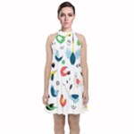Vector Set Isolates With Cute Birds Scandinavian Style Velvet Halter Neckline Dress 