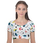 Vector Set Isolates With Cute Birds Scandinavian Style Velvet Short Sleeve Crop Top 