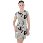 Cute Cat Seamless Pattern Drawstring Hooded Dress