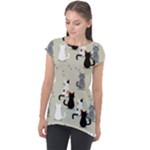 Cute Cat Seamless Pattern Cap Sleeve High Low Top