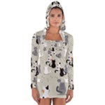Cute Cat Seamless Pattern Long Sleeve Hooded T-shirt