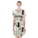 Cute Cat Seamless Pattern Short Sleeve V-neck Flare Dress