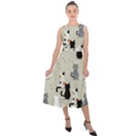 Cute Cat Seamless Pattern Midi Tie-Back Chiffon Dress