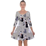 Cute Cat Seamless Pattern Quarter Sleeve Skater Dress