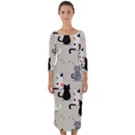 Cute Cat Seamless Pattern Quarter Sleeve Midi Bodycon Dress