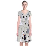 Cute Cat Seamless Pattern Short Sleeve Front Wrap Dress