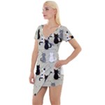 Cute Cat Seamless Pattern Short Sleeve Asymmetric Mini Dress