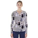 Cute Cat Seamless Pattern V-Neck Long Sleeve Top
